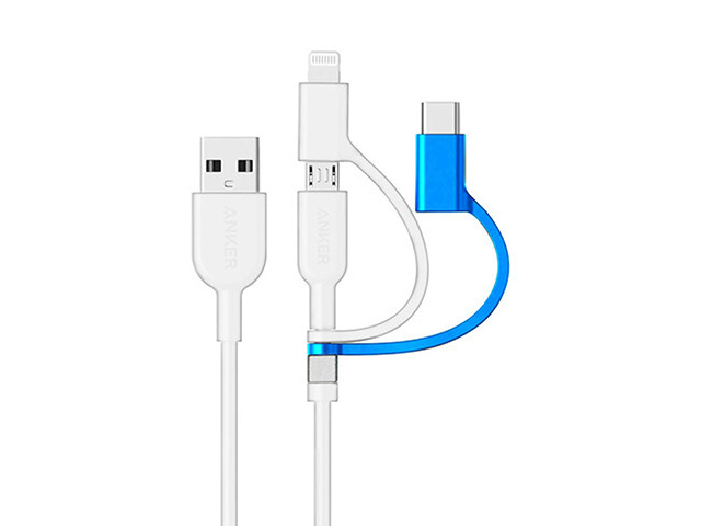 Lightning端子、USB-C端子、Micro USB端子を白と水色で色分けした製品デザインを採用