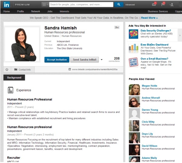 LinkedInに投稿された、人事担当者を装う偽プロフィール例