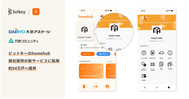 居住者が利用するhomehubアプリのトップ画面（左）、アプリ内専用ページを通じて提供される新サービスPOCKET HOMEのサービス画面（右）