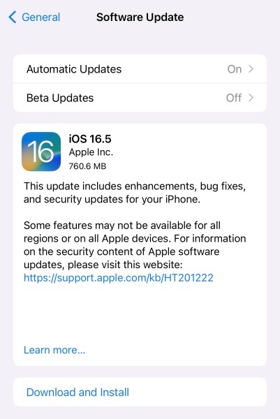 iOS 16.5のアップデート通知