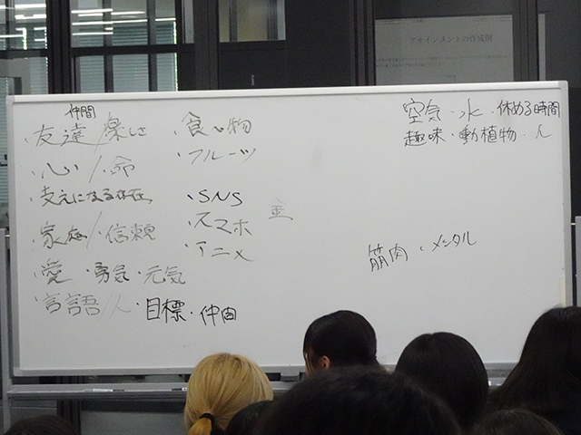 授業の冒頭、大土井氏は「生きていくために必要なことを一人ずつあげて」と質問して上がってきた答え