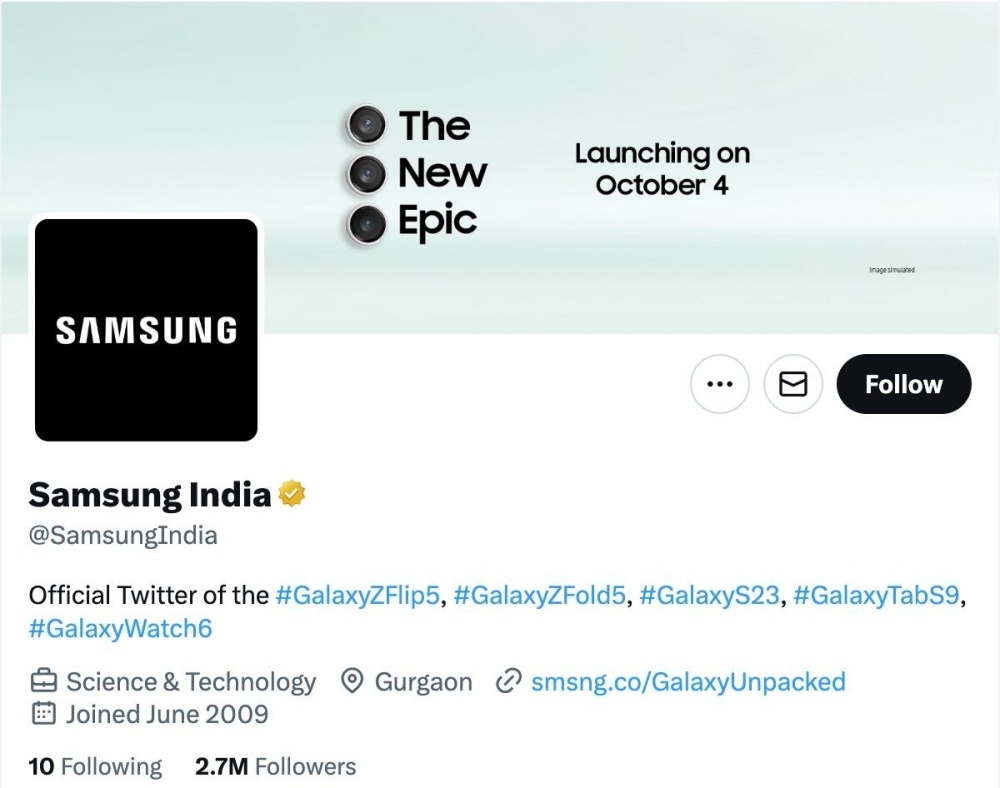 Samsung IndiaのXのプロフィール画面