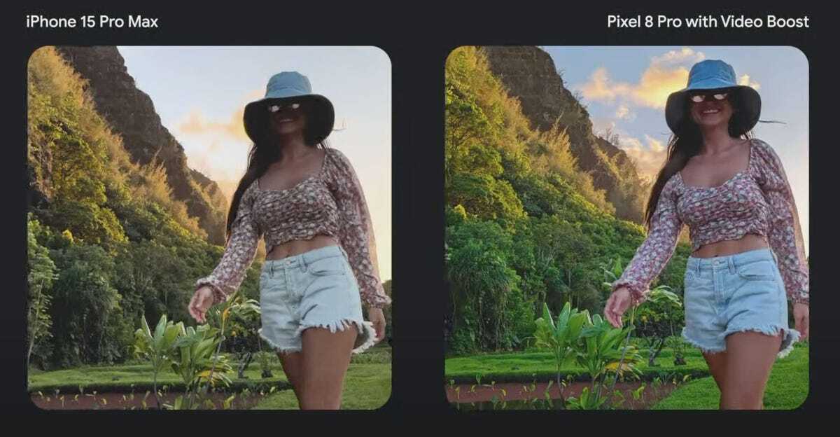 iPhone 15 Proで撮影した映像（左）とPixel 8 Proの動画ブーストで撮影した映像