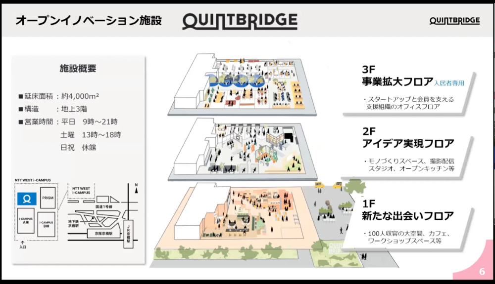 QUINTBRIDGEの施設。地上３階建て、延床面積約4000平方メートルと西日本最大級のオープンイノベーション施設。各フロアにはそれぞれコンセプトがある