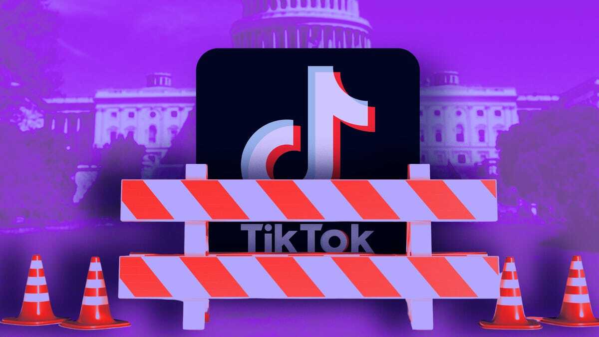 TikTokのロゴの前に立ち入り禁止の柵が置かれたイメージ