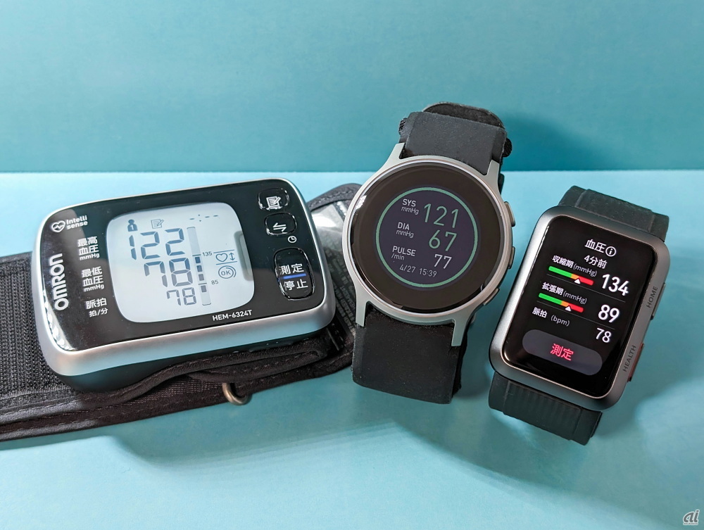 オムロン製手首式血圧計の測定結果との比較、HUAWEI WATCH Dはやや高めの計測結果となった

