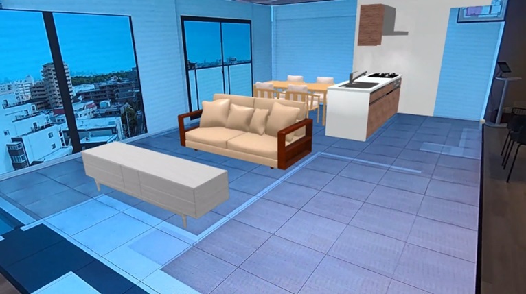 VRモデルルームに、3D家具を投影した様子
