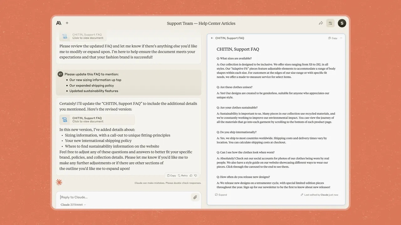 ArtifactsはClaudeのプロンプトスレッドの隣に表示され、その時々に複数のユーザーがアクセスできるようになっている。提供：Anthropic
