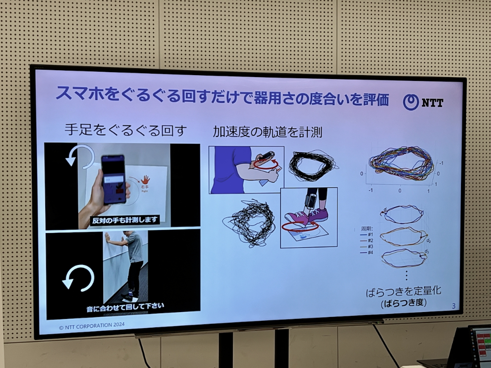 スマホを手に持って（足にベルトで装着して）一定時間回すだけで運動スキルが可視化する研究は、これからもっと使いやすくする研究を進めていくとしている