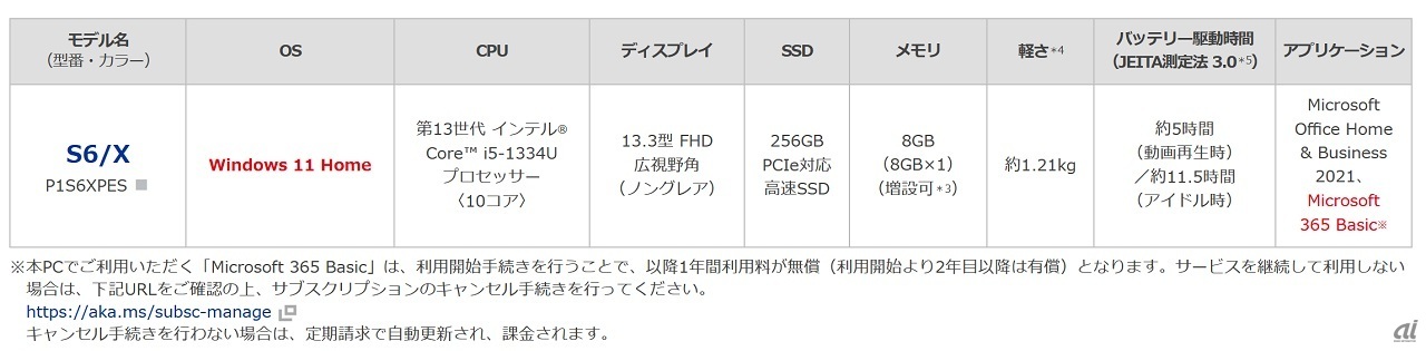 dynabook S6の主なスペック