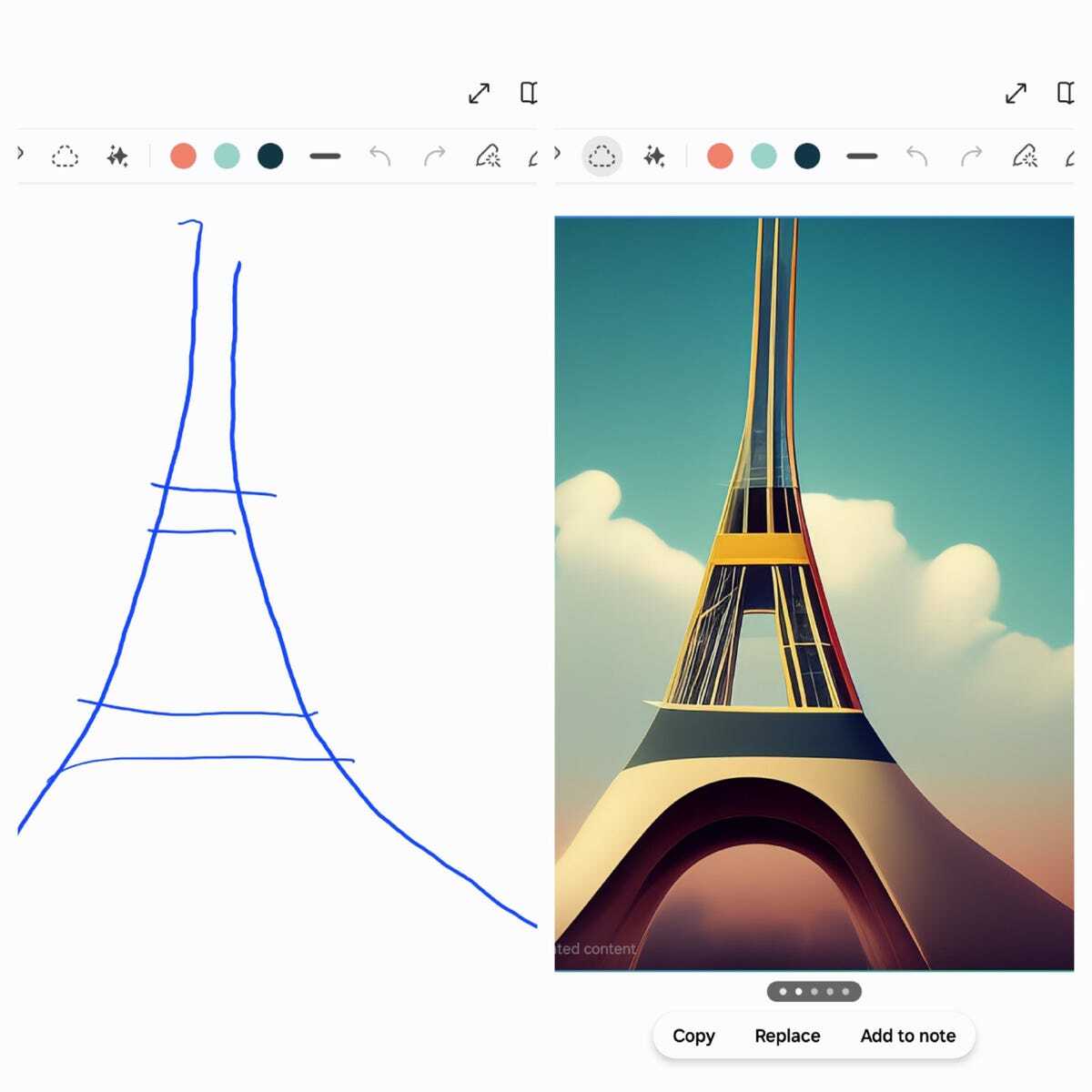 筆者のラフな下書きと、AIスケッチ機能で生成されたきれいな画像