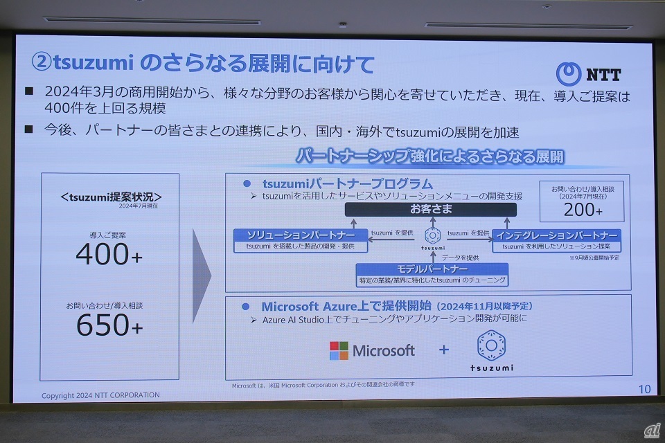 NTTは今回の決算に合わせ、独自開発の大規模言語モデル「tsuzumi」の新たな取り組みや、業務・業会を横断した連鎖型AIサービスを推進する「NTT AI-CIX」の設立など、AIに関連する施策を打ち出している