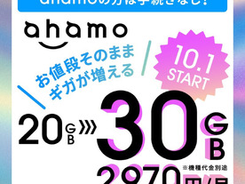 ドコモ、「ahamo」を20GBから30GBに増量--既存ユーザーも対象、10月から