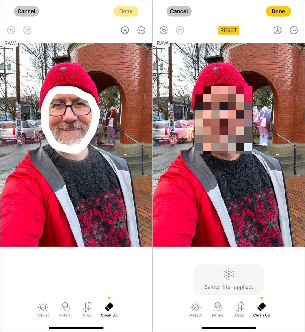 人物の顔が丸で囲まれた写真と、モザイク化された写真