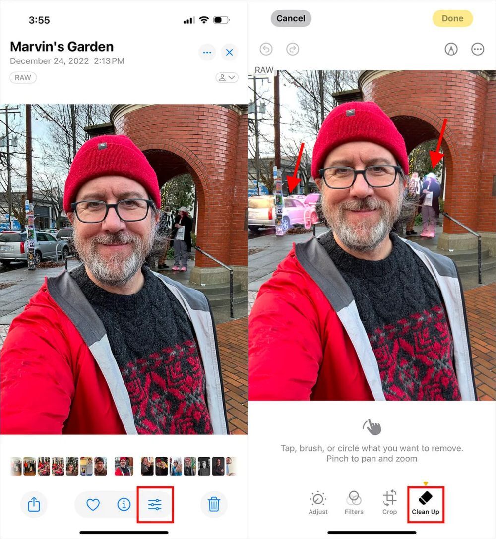 人物のセルフィーが2つ並んだ画像。一方では、背後に写った人と自動車がハイライトされている