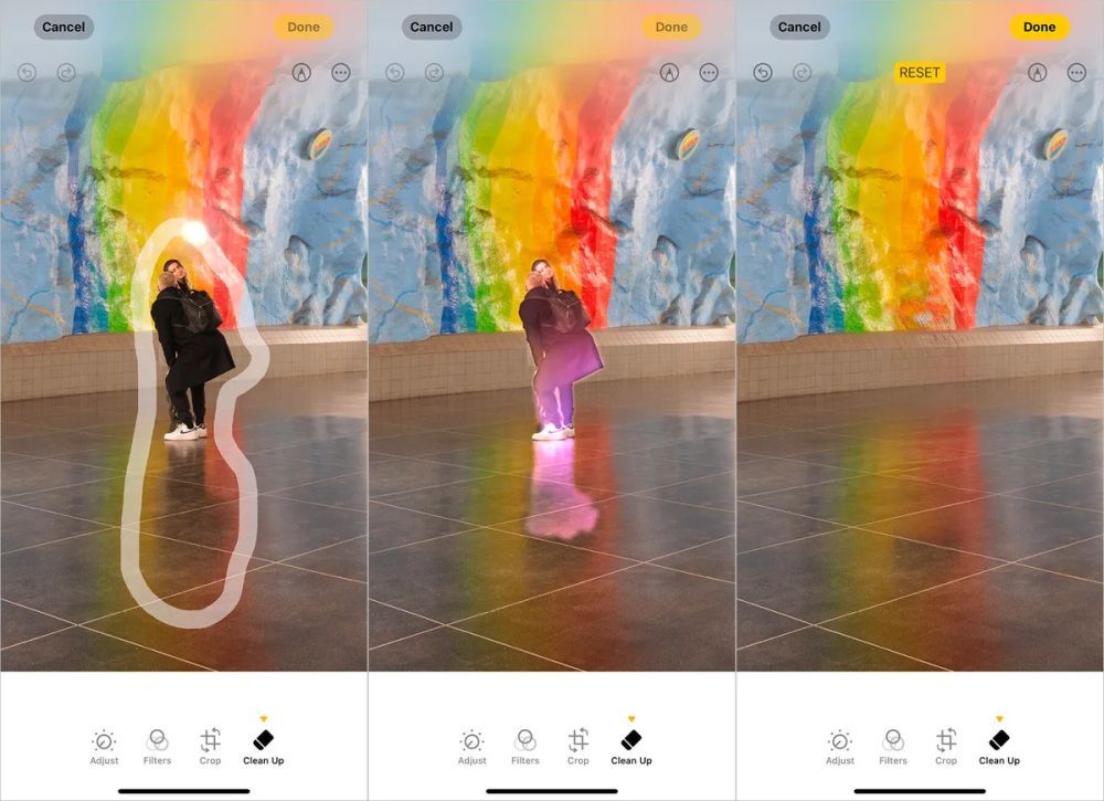 人物を囲んだ写真、人物がハイライトされた写真、人物が削除された写真