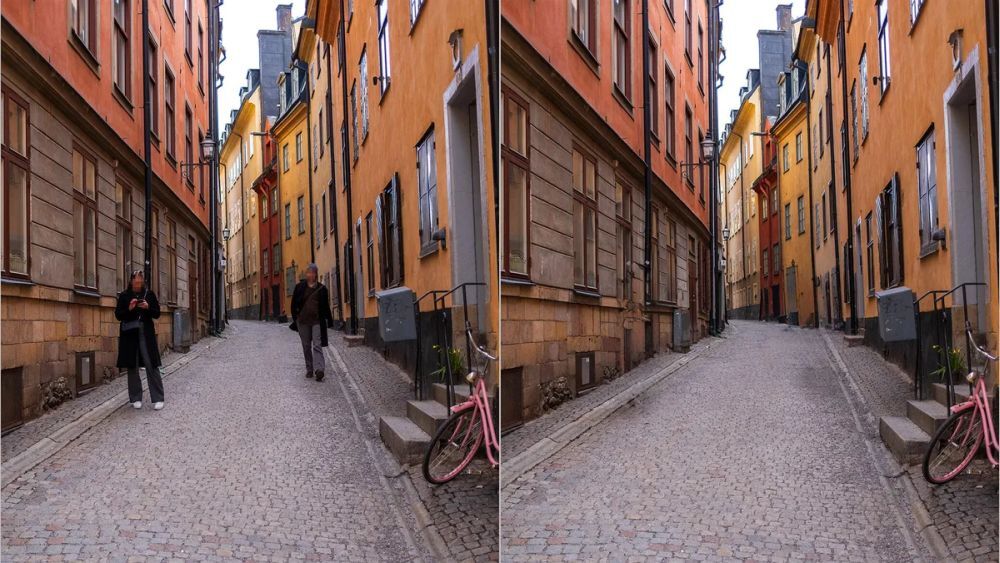 通行人が写り込んだストリートの写真と、それを取り除いた写真