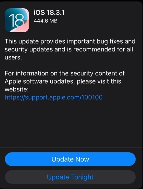 iOS 18.3.1のアップデート通知