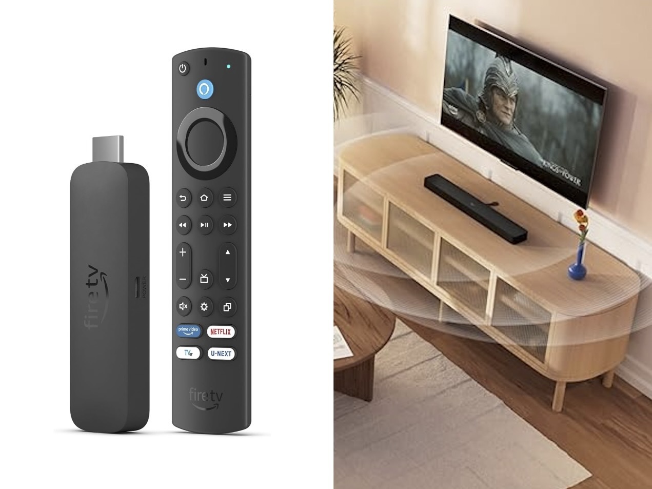 左からFire TV Stick 4K、Amazon純正サウンドバー