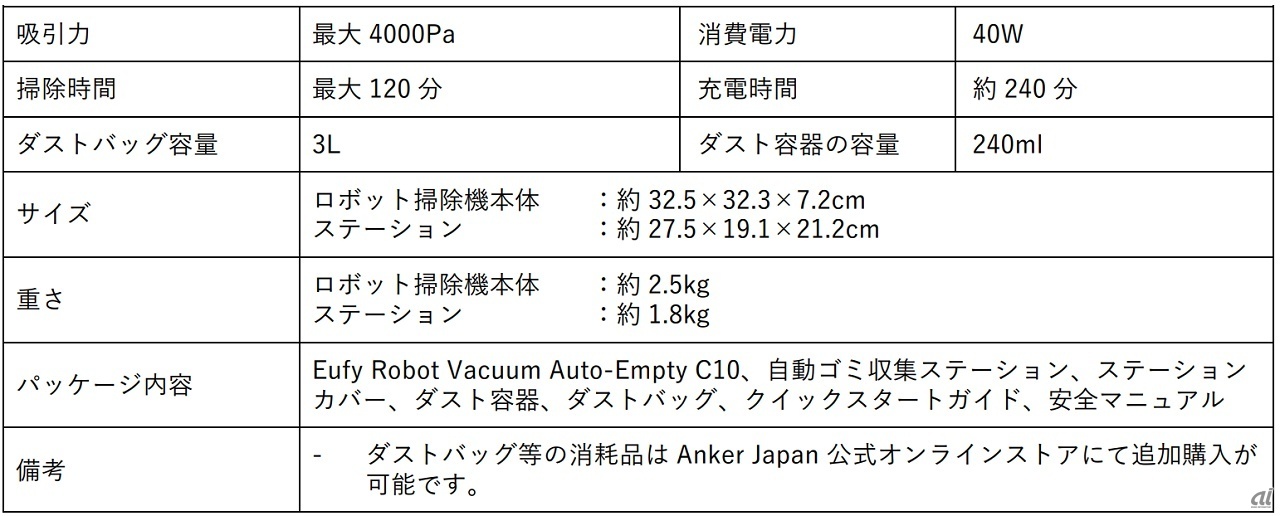 「Eufy Robot Vacuum Auto-Empty C10」の仕様