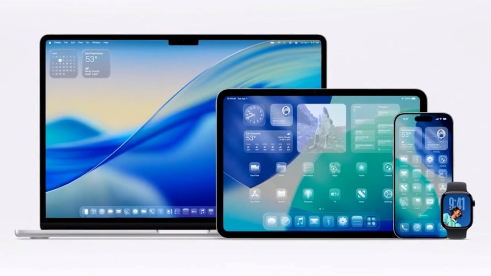 透明なアイコンが表示されたMac、iPad、iPhone、Apple Watch