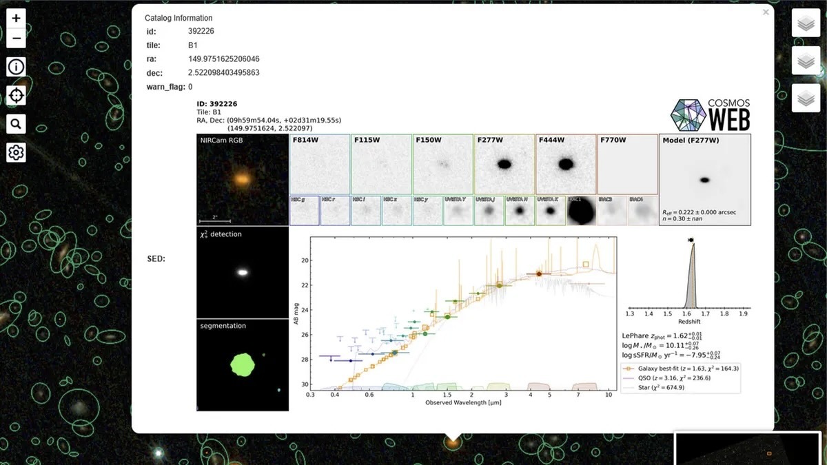 興味を引いた天体をクリックすると、その銀河や恒星についての詳しい情報が表示される（COSMOS2025）