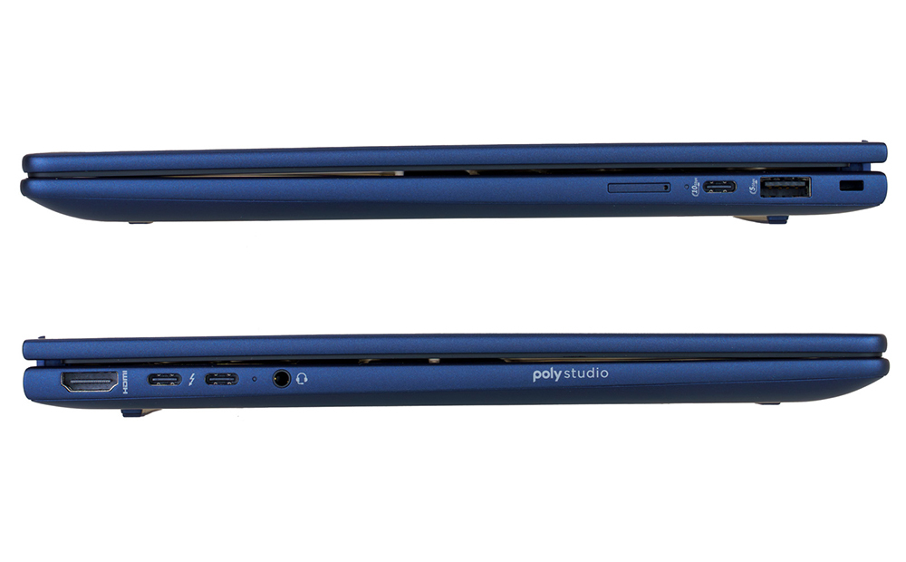 右側面には、USB-AとUSB-CとnanoSIMスロット（オプション）。左側面には、Thunderbolt 4 (USB4 Type-C) ×2にHDMI 2.1、3.5mm オーディオ/マイクコンボジャックを備える