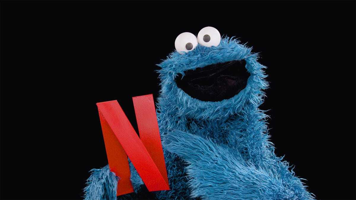 Netflixのロゴを手にしたクッキーモンスター