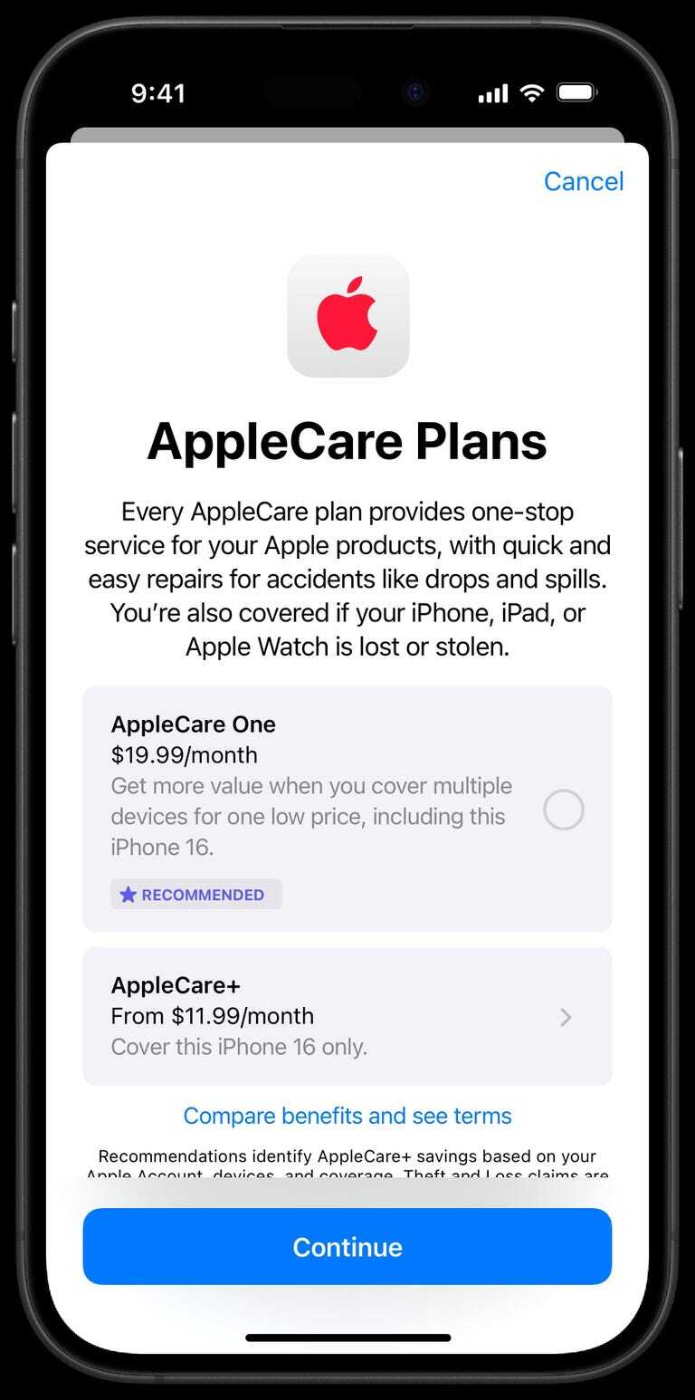AppleCare OneまたはApple Care＋に加入する際の選択画面