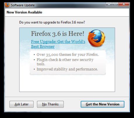 旧バージョンのFirefoxのユーザーには、アップグレードを促すポップアップが表示される。