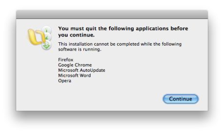 悪いソフトウェア更新の例。このMicrosoft「Office for Mac 2008」の更新ダイアログボックスは、ほかのウィンドウの後ろに隠れて表示され、Officeを更新する前にMicrosoft AutoUpdateプログラムを停止しなければならない、というひねくれたことを言う。