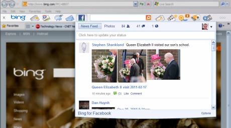 Bingバーの新版からFacebookをりようしているところ