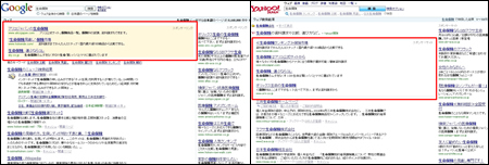 Google（左）とYahoo! JAPAN（右）の検索結果画面