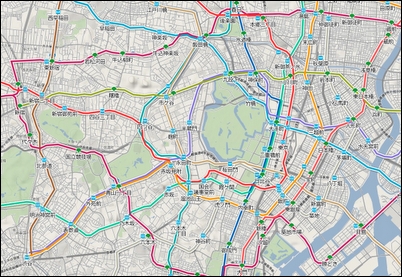 東京都内の路線図を一度に表示したところ。