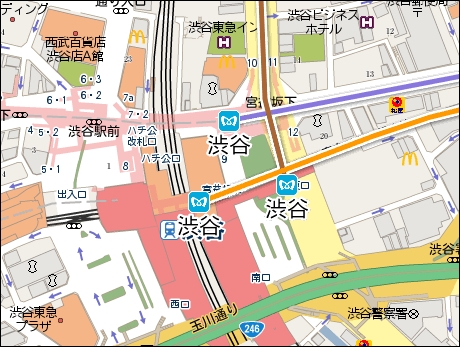 渋谷駅の地下路線図を表示した。地下鉄のカラーコードとあわせた色で路線が表示される。