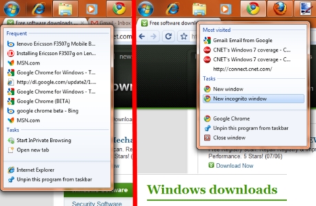 IE 8用のWindows 7のジャンプリスト（左）とGoogle Chrome 3.0.197.11のジャンプリスト（右）