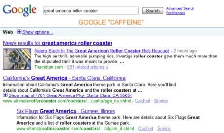 Googleの「Caffeine」検索エンジンは、現行のGoogleより先に、結果ページの最上位にニュースを表示した。