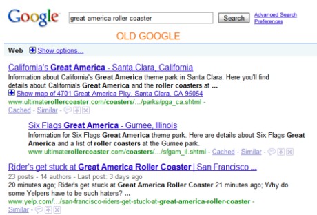 現行版のGoogleは11日朝の時点では、Great Americaに関するニュースを結果ページの最上位に表示するほど高くランク付けしていなかった。