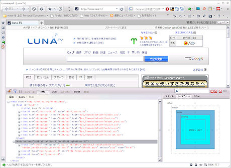 Lunascape 6.0アルファ版でFirefoxのアドオン「Firebug」を動作させた様子