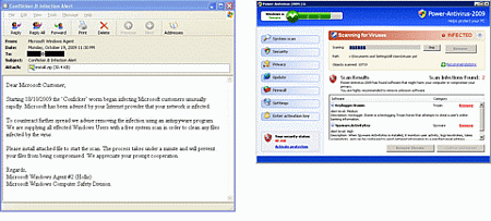 マイクロソフトの名を騙るスパムメール（左）と偽セキュリティソフト（右） 