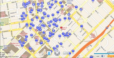 Bing Maps Betaは、サンフランシスコ市街中心部にある米CNETオフィスの周辺で何をしたらいいかについて、多くの提案をしてくれる。ただし、筆者の行きつけのバーを見つけるにはかなりズームインしなければならなかった。却って好都合かもしれないが。